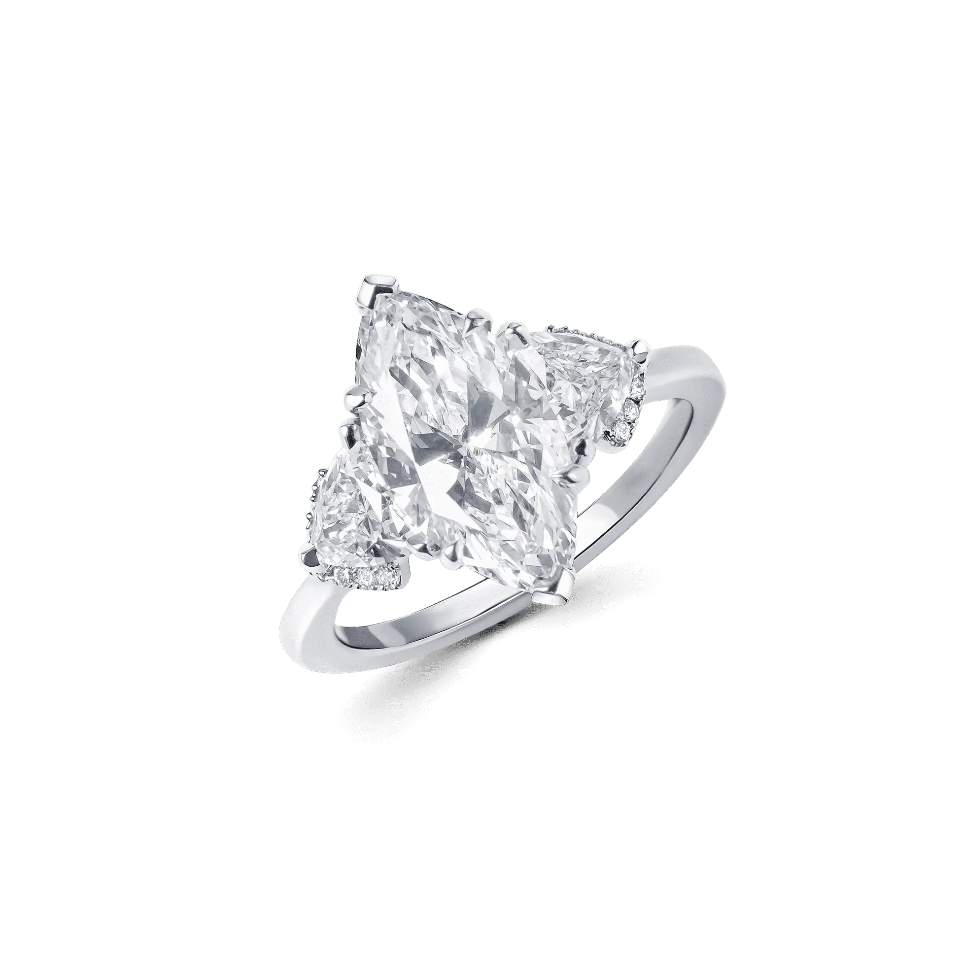 A single-band ring featuring a large marquise-cut diamond at its centre, flanked by two triangle-cut diamonds on each side.