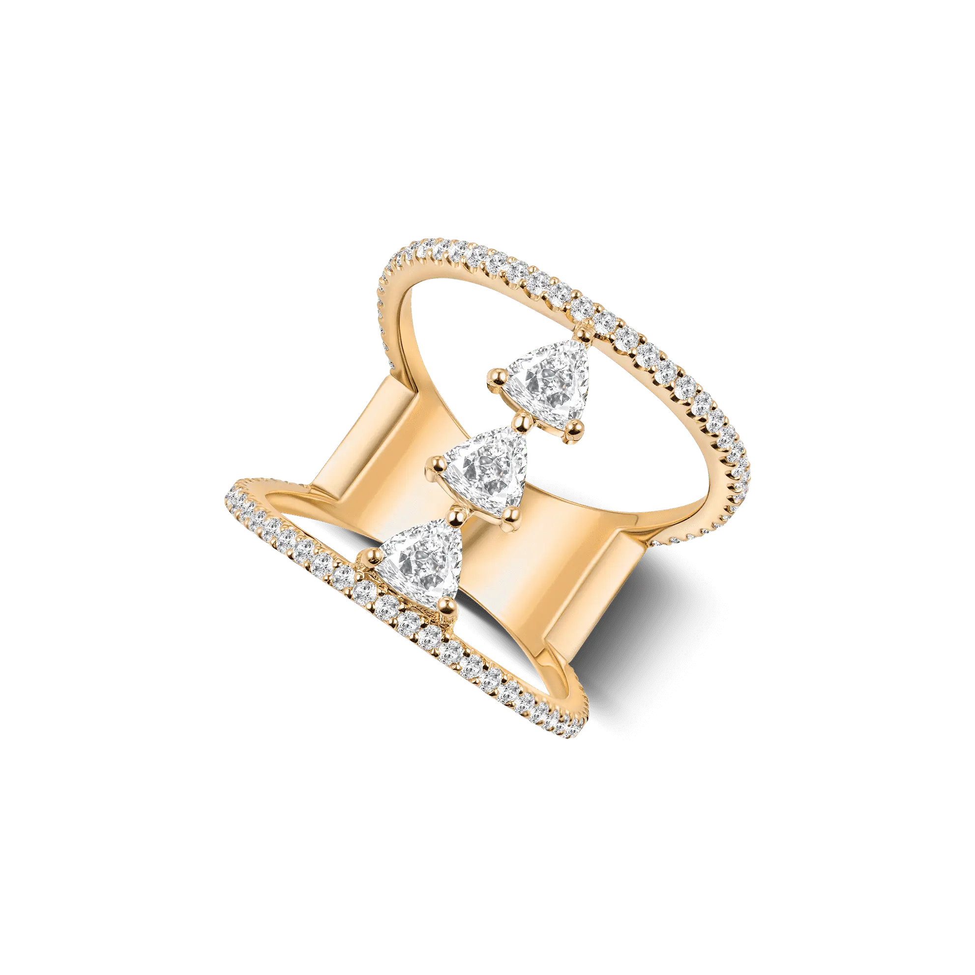The Davina Icon ring in yellow gold, featuring three lab-grown triangle-cuts set in an openwork double-band design.