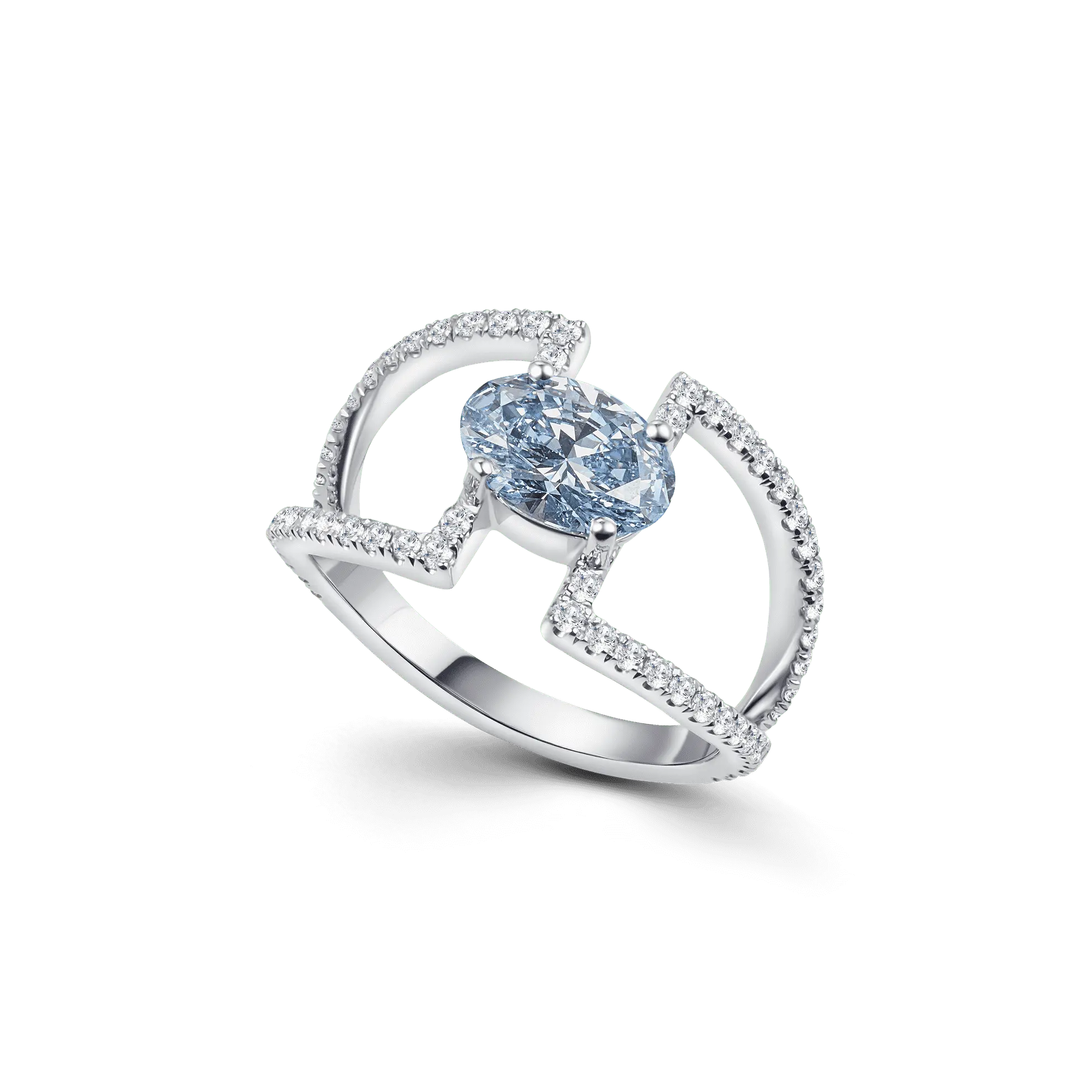 The Entre-Blue ring with its blue-coloured oval round-cut at its centre.