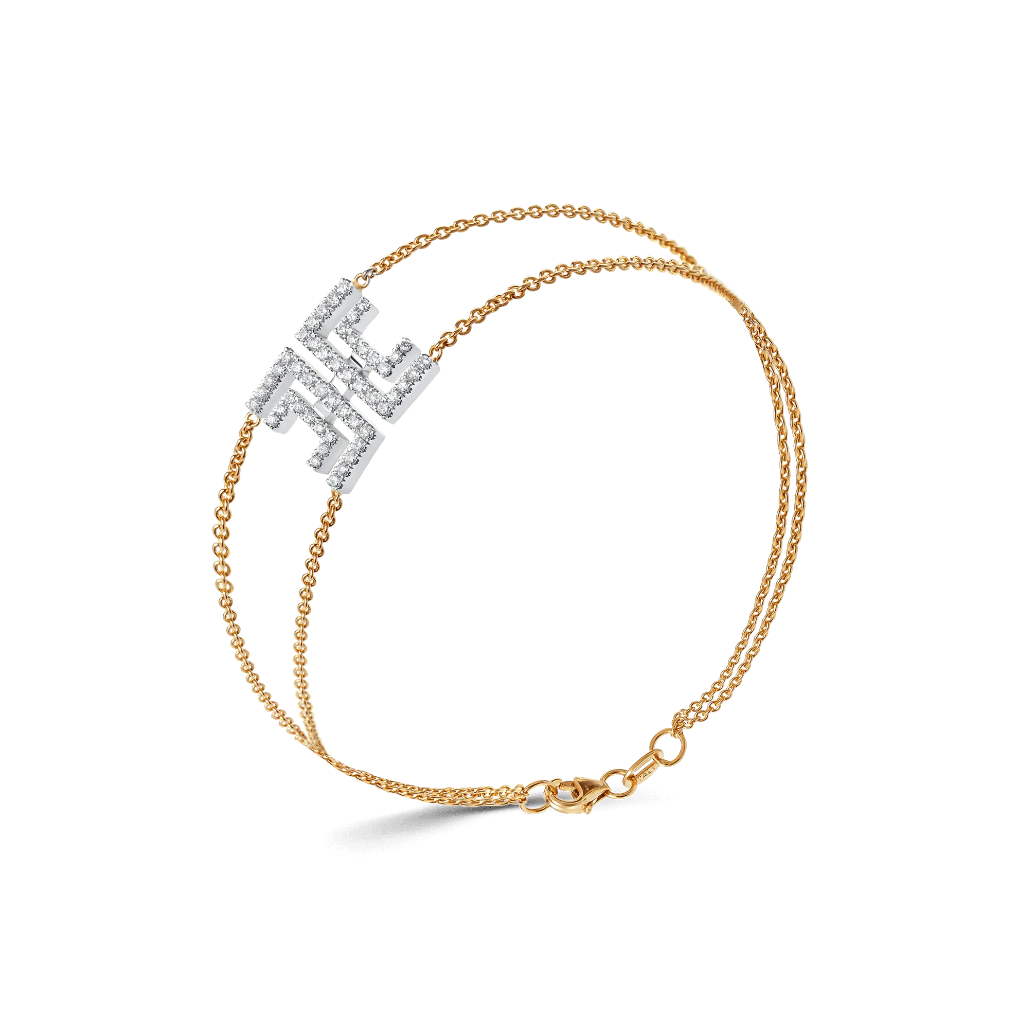 Harper bracelet featuring a bold geometric centrepiece set with castle-set lab-grown diamonds, suspended on a delicate double 18k gold chain.