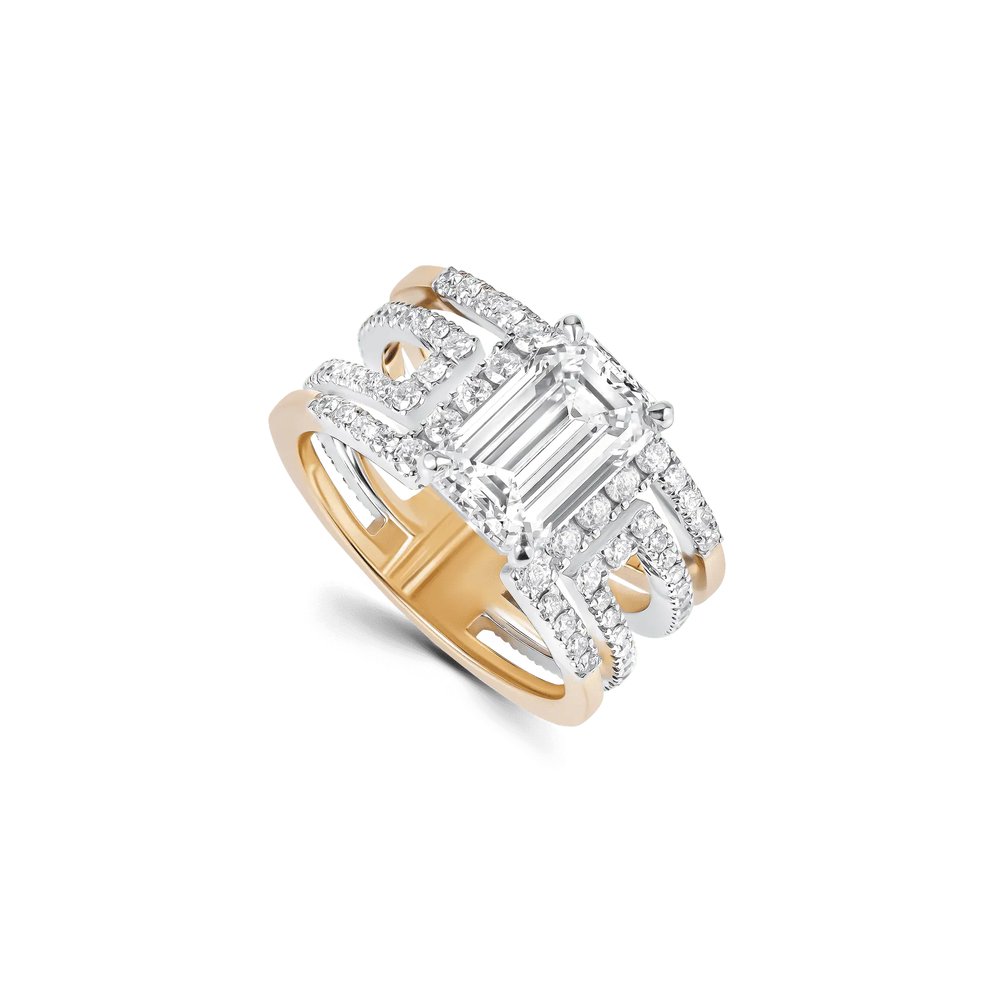 Heloise Icon ring featuring a bold 3 carat emerald-cut lab-grown diamond, framed by castle-set diamonds on an openwork 18k double gold band.