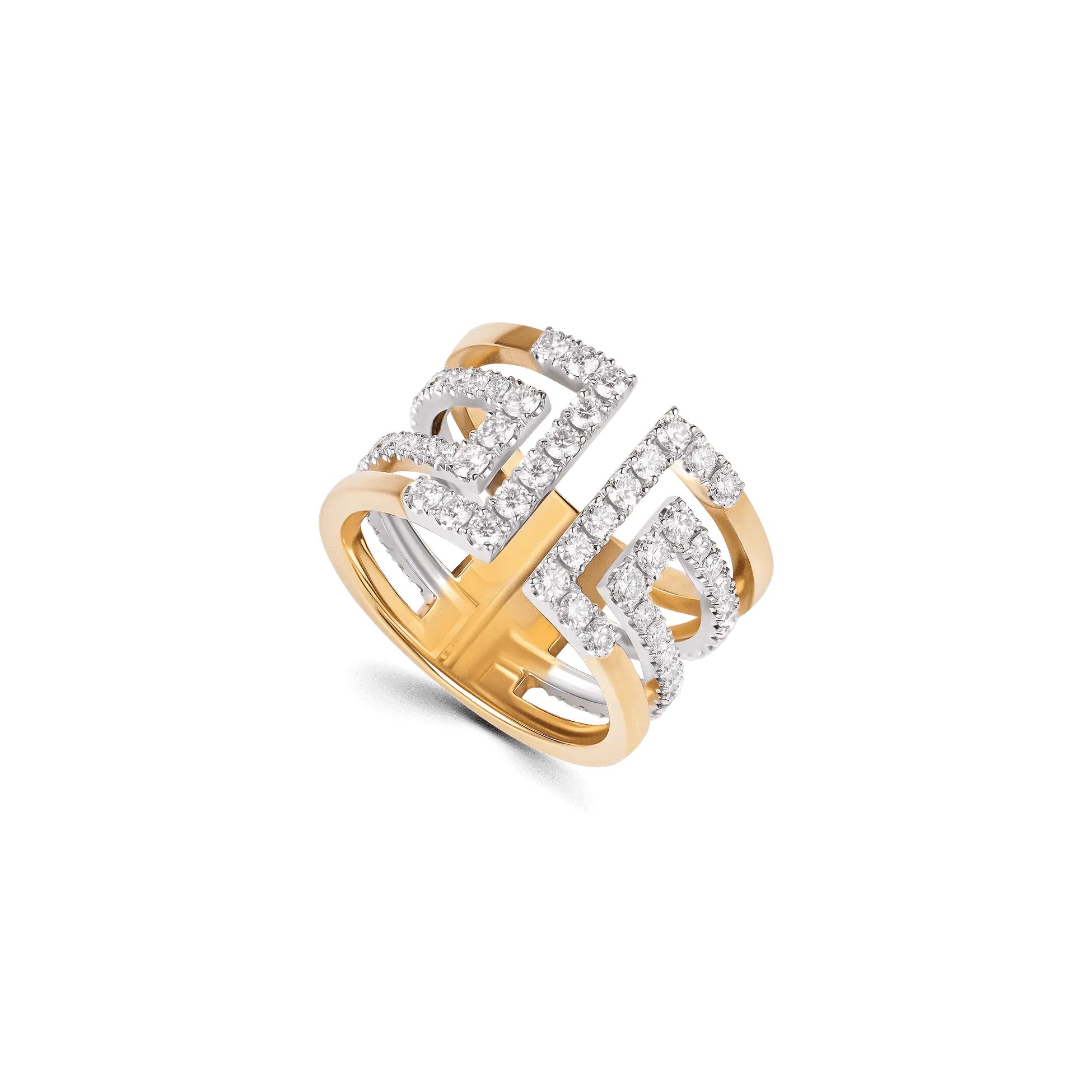 A product Image of the double-band Heloise Icon ring, adorned with lab-grown diamonds in a castle-setting.
