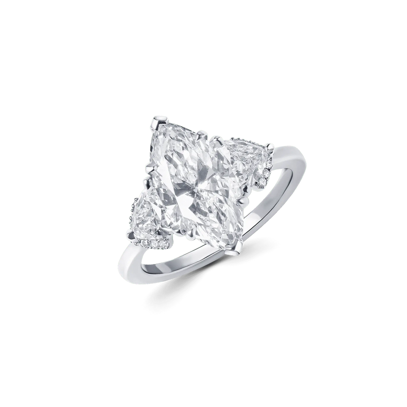 Product image of the Angel’s Crown ring in white gold, featuring a 1.85ct marquise lab-grown diamond with two triangle-cut sides.