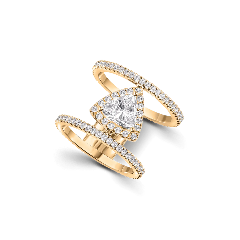 Audrey Icon ring in 18K yellow gold, characterised by a 1.15ct triangle-cut lab-grown diamond, double-band design, and full castle setting.