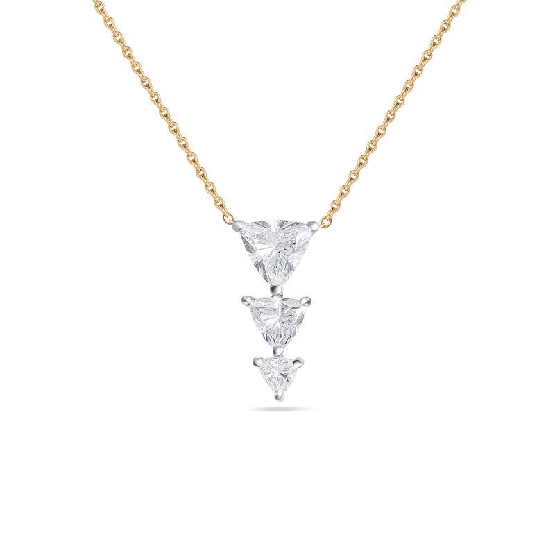 Davina necklace featuring three prong-set triangle-cut diamonds in a vertical design, suspended from a yellow gold chain.