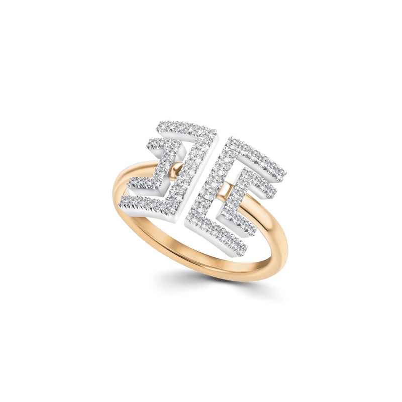 Yellow gold single-band ring with a geometric castle-set design, featuring lab-grown diamonds in a bold, modern structure.