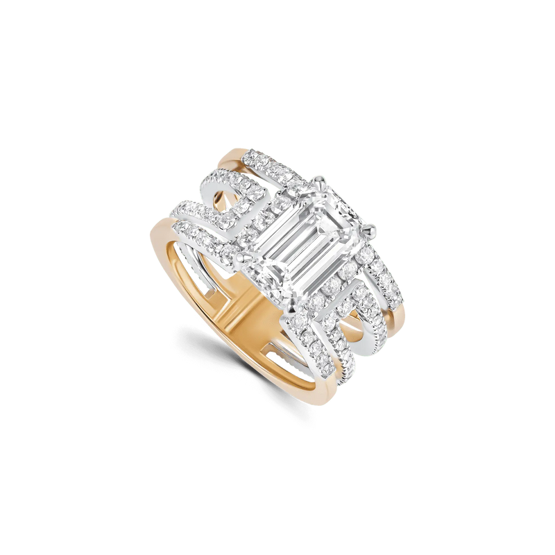 Product image of the Heloise Emerald ring in 18K yellow gold, featuring a 3ct lab-grown emerald-cut diamond and double-band design.