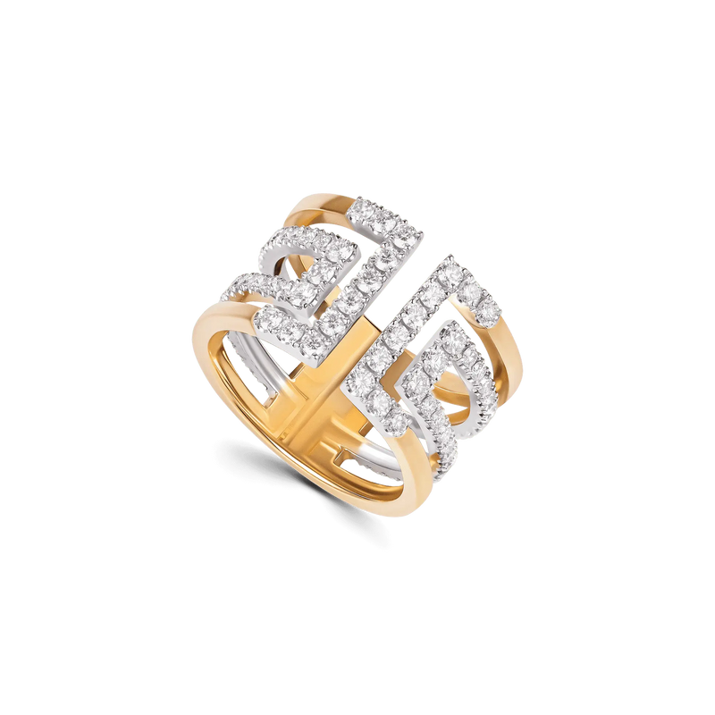 Heloise Icon ring in 18K yellow gold, featuring a geometric double-band design with lab-grown diamonds in a castle setting.