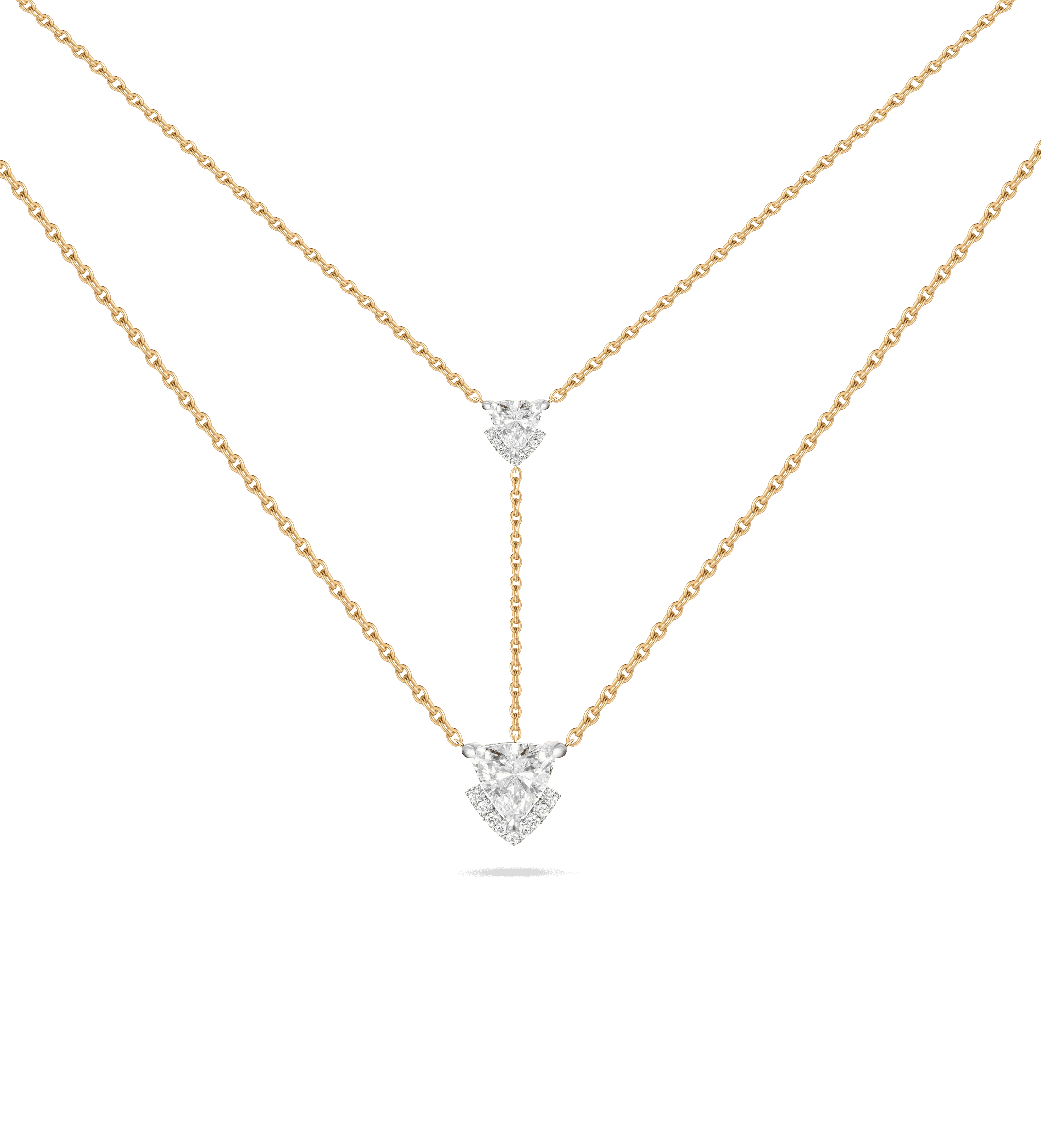 The dual-chain Victoria V necklace in yellow-gold with two lab-grown triangle-cuts in lab-grown diamonds.