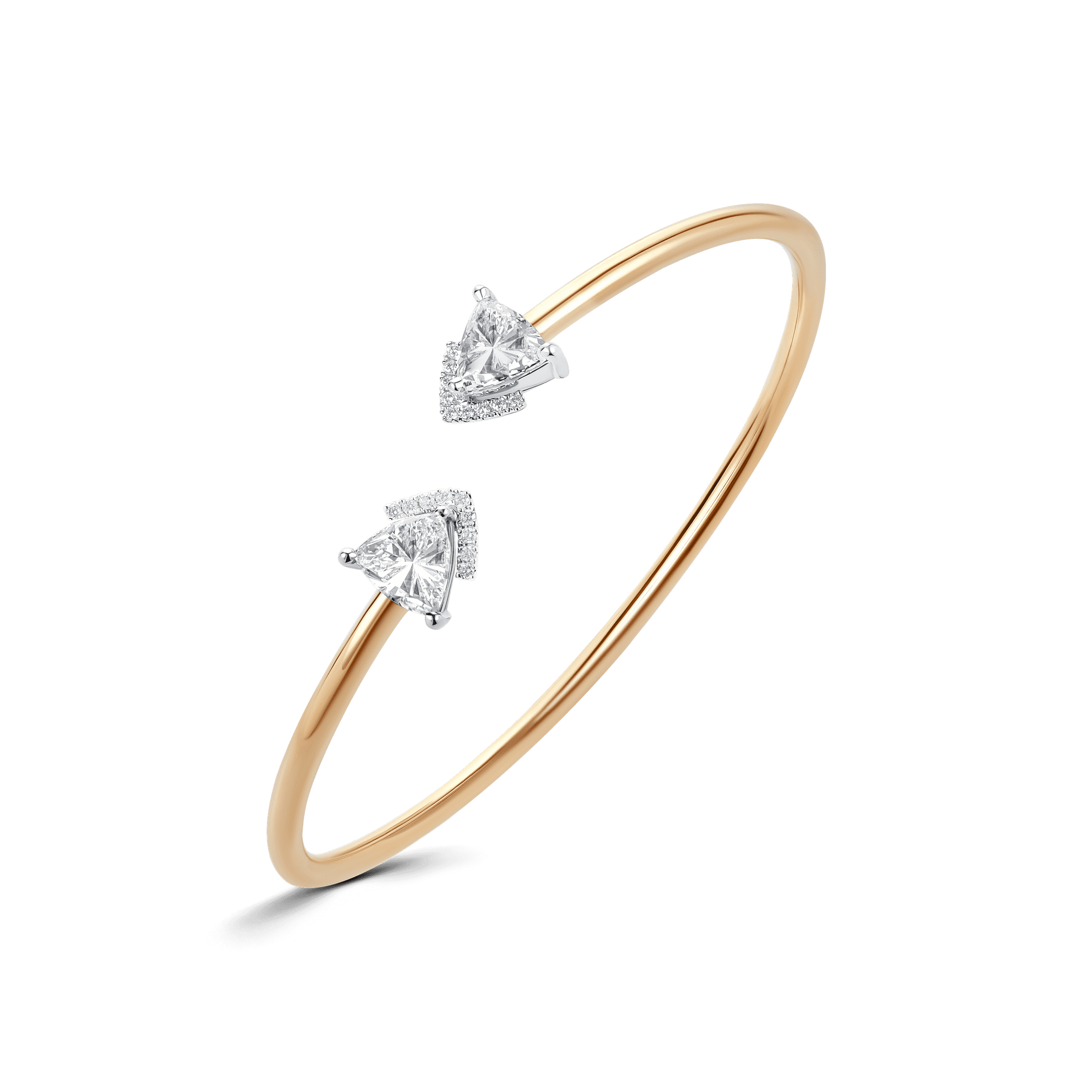 Victoria duo bangle with two 1.45 carat triangle-cut lab-grown diamonds on a sleek yellow-gold flexible band.