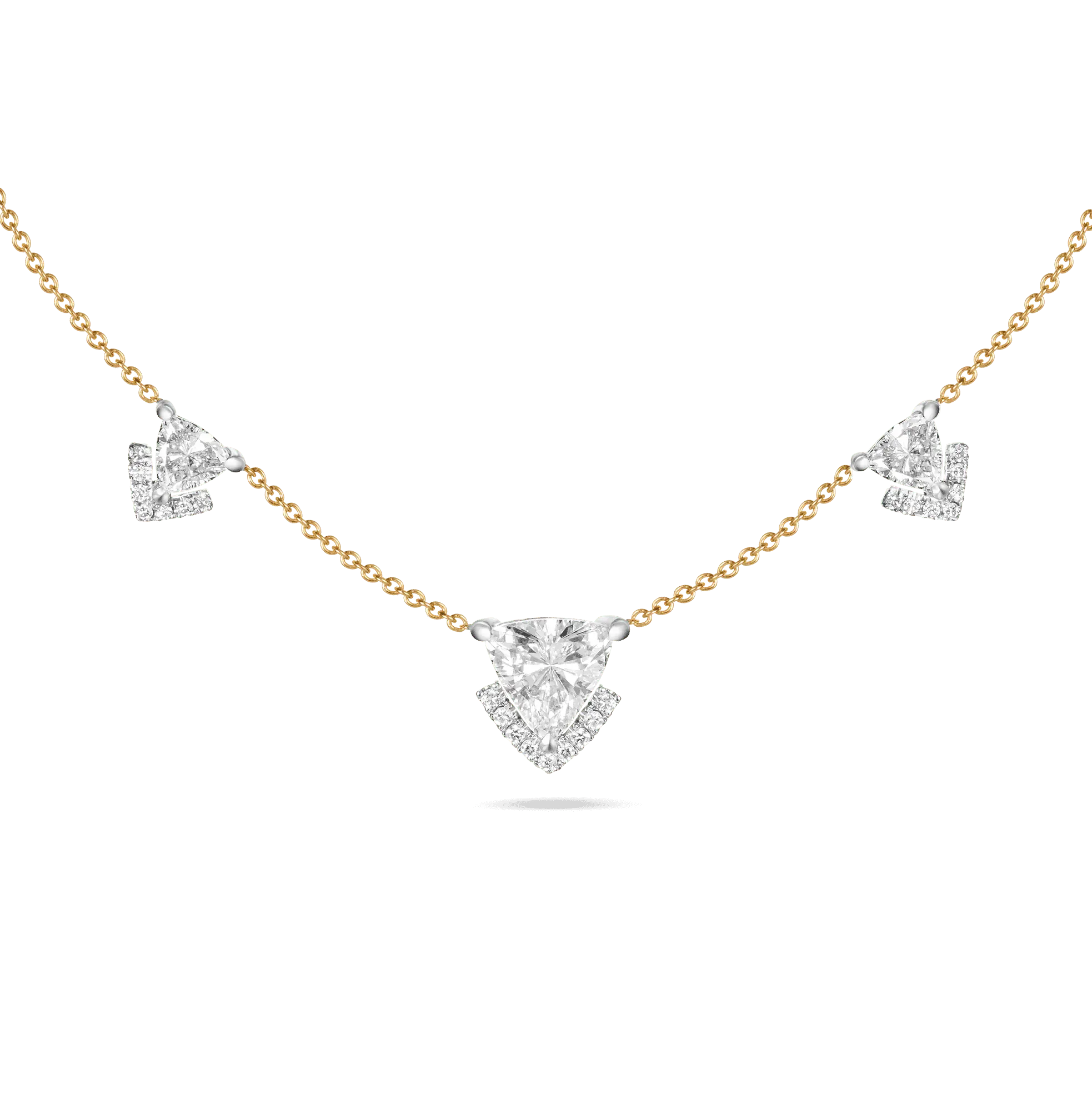 Victoria Triplets necklace with three triangle-cut diamonds, a large centre stone, and two smaller side stones on a yellow gold chain.