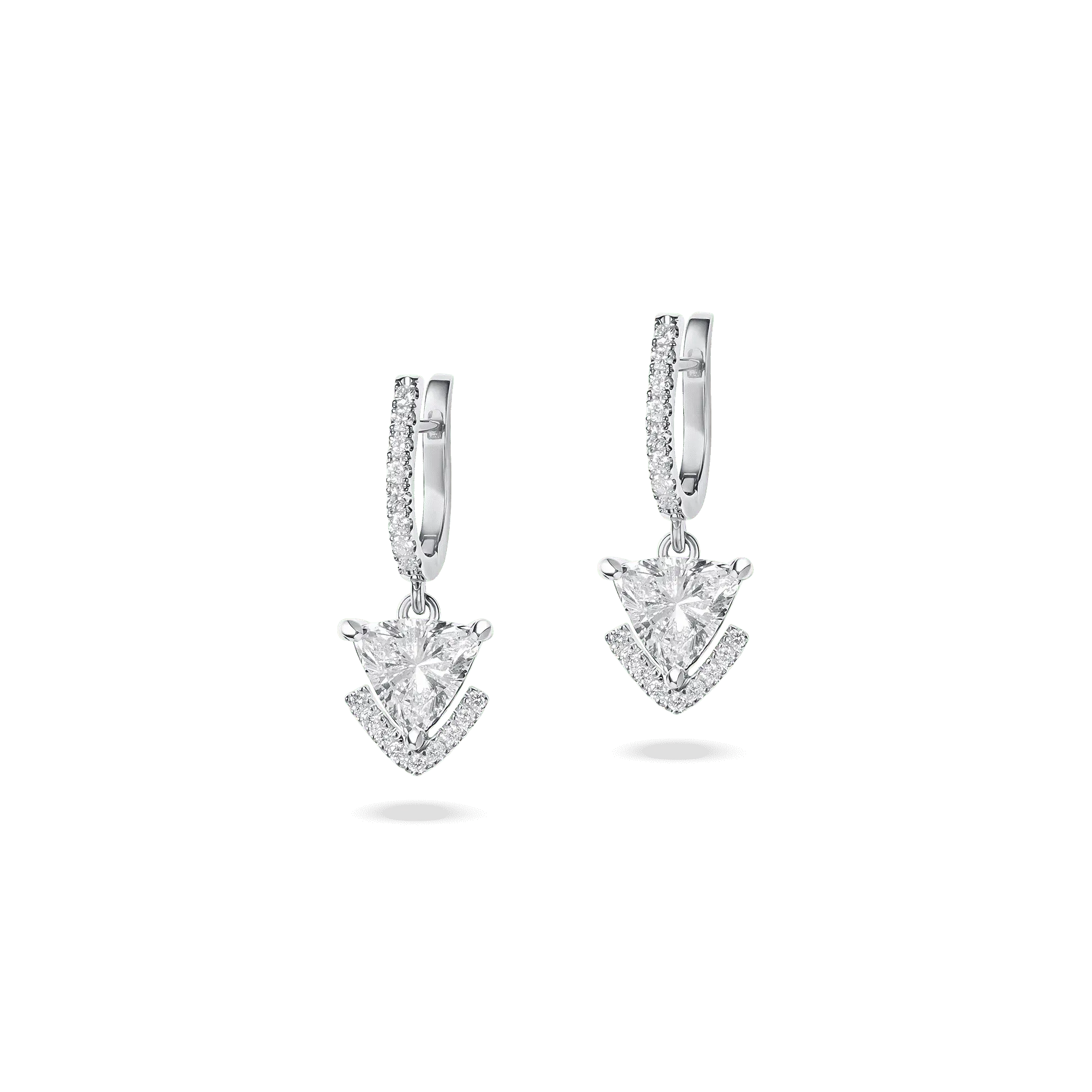 White Gold Victoria Danglers, 1-carat lab-grown triangle-cut diamonds with V-accent, dangling from diamond-studded hoops.