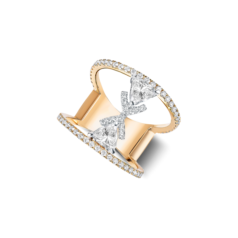 Victoria Kiss ring in yellow gold, an open double-band design with two inwardly kissing 0.40 ct triangle-cut diamonds.